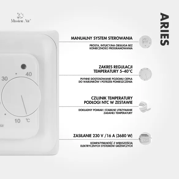 Funkcje regulatora temperatury ARIES manualny biały