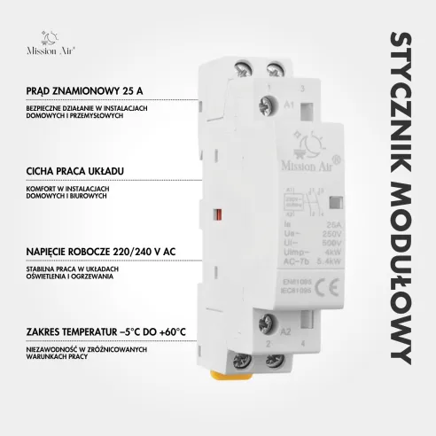 Opis i oznaczenia stycznika modułowego 25A 2xNO