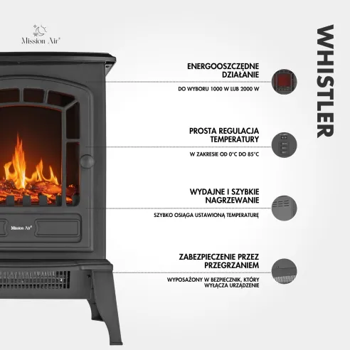 WHISTLER 2000 W Electric Fireplace | LED Flame Effect, Thermostat, Black