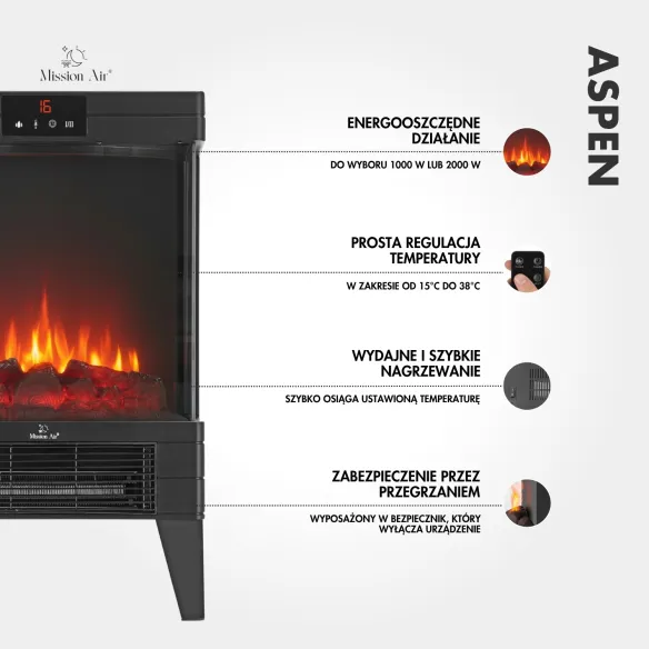 ASPEN 2000 W Electric Fireplace | Flame Effect, Black