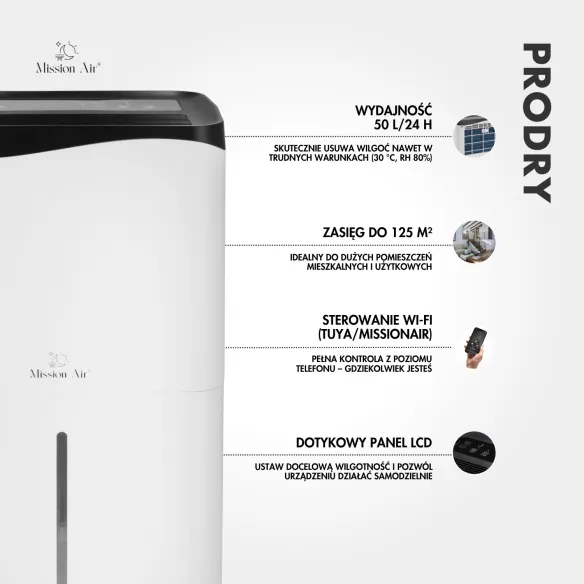 Funkcje osuszacza powietrza PRODRY 50 L/24 h