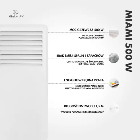 Grzejnik konwektorowy MIAMI 500 W | Elektryczny, Biały