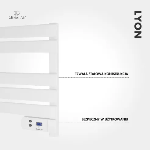 Grzejnik drabinkowy LYON 150 W biały – widok z opisem funkcji