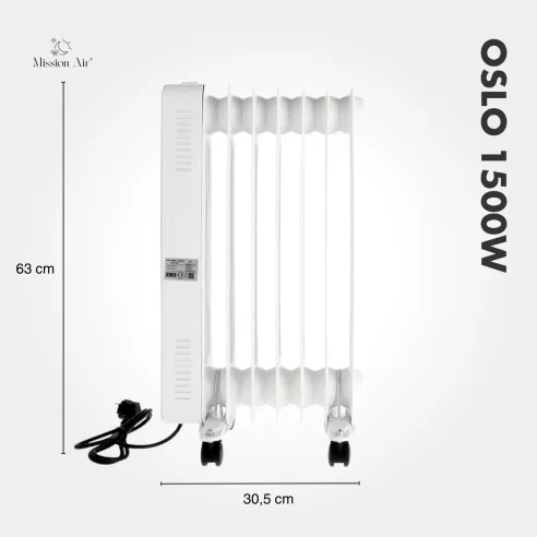 Grzejnik olejowy OSLO 1500 W – widok boczny z przewodem