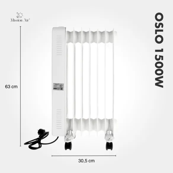 Grzejnik olejowy OSLO 1500 W – widok boczny z przewodem