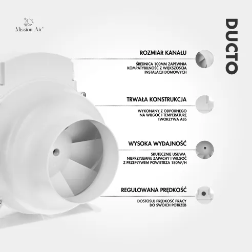 Wentylator kanałowy DUCTO 100 mm biały schemat i informacje techniczne