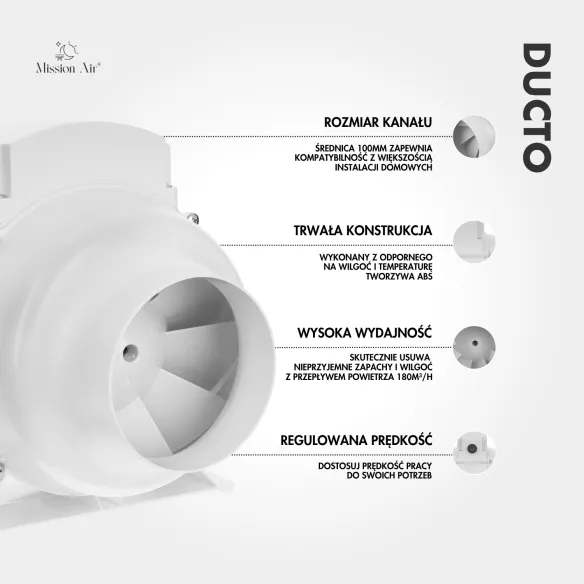 Wentylator kanałowy DUCTO 100 mm biały schemat i informacje techniczne