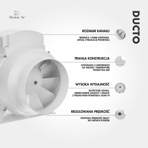DUCTO 125 mm Inline Duct Fan | With Backdraft Shutter, White