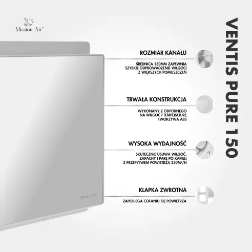 Wentylator łazienkowy VENTIS PURE 150 mm biały schemat i informacje techniczne