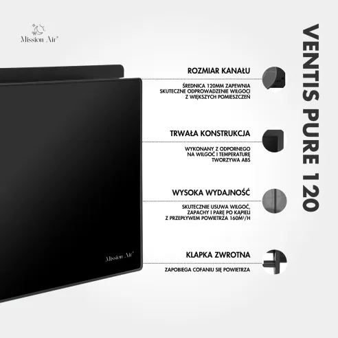 Wentylator łazienkowy VENTIS PURE 120 mm czarny schemat i informacje techniczne