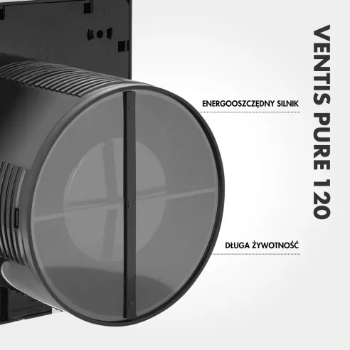 Wentylator łazienkowy VENTIS PURE 120 mm czarny klapka zwrotna detal