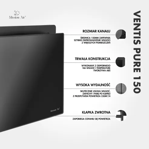 Wentylator łazienkowy VENTIS PURE 150 mm czarny schemat i informacje techniczne