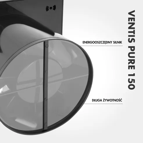 Wentylator łazienkowy VENTIS PURE 150 mm czarny klapka zwrotna detal