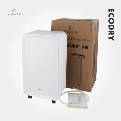 Zestaw sprzedażowy osuszacz powietrza ECODRY – urządzenie i opakowanie