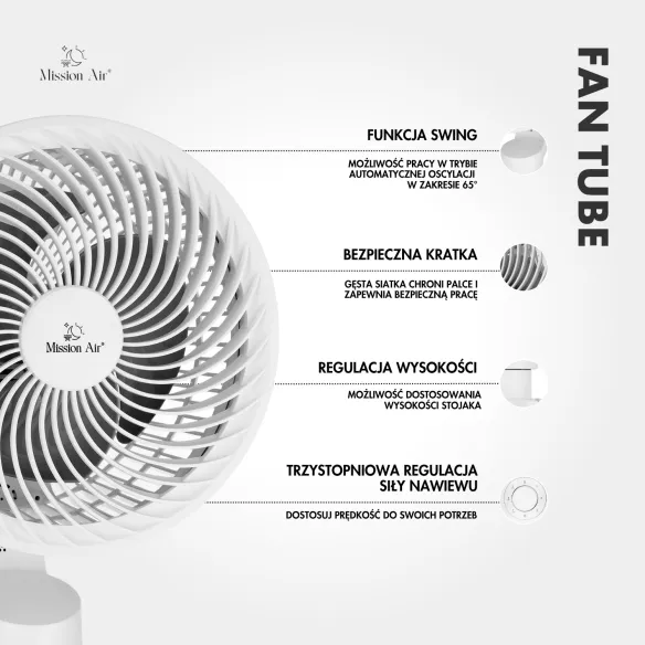 FAN TUBE Pedestal Fan | 65° Oscillation, 3 Speeds, White