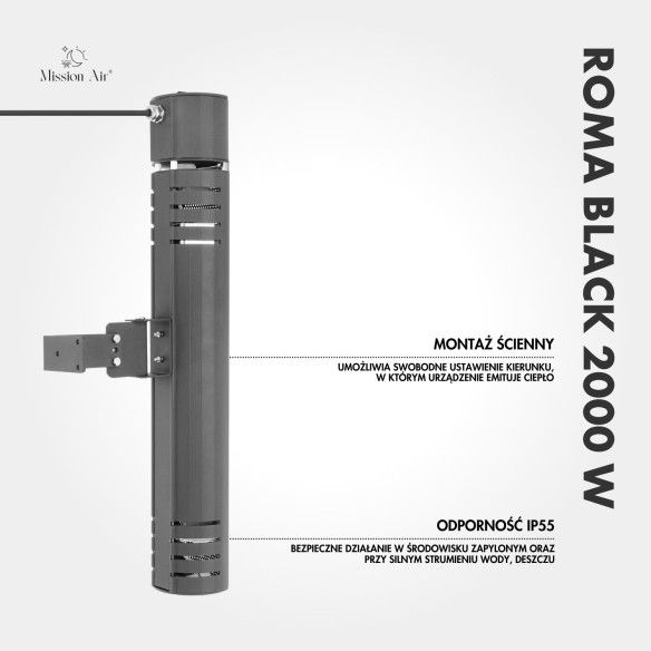 ROMA BLACK 2000 W Wall-Mounted Infrared Heater | Adjustable Angle, IPX4