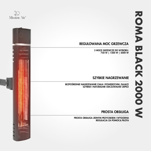 ROMA BLACK 2000 W Wall-Mounted Infrared Heater | Adjustable Angle, IPX4
