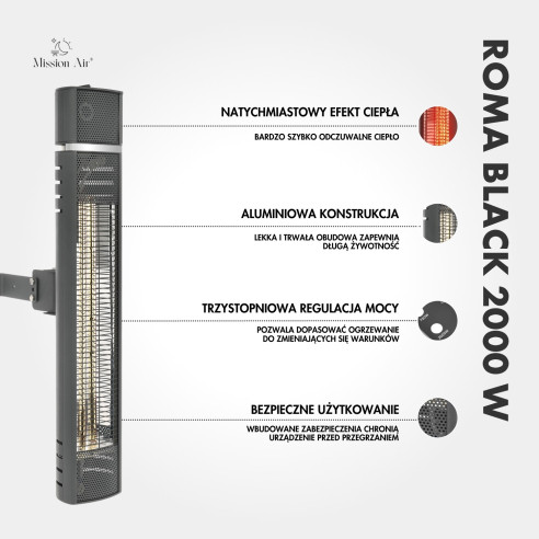 ROMA BLACK 2000 W Wall-Mounted Infrared Heater | Adjustable Angle, IPX4