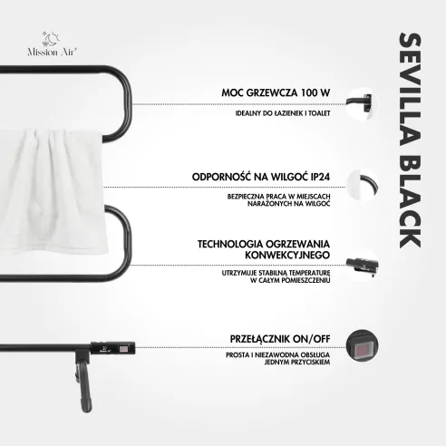 Grzejnik łazienkowy SEVILLA BLACK 100W czarny dane techniczne