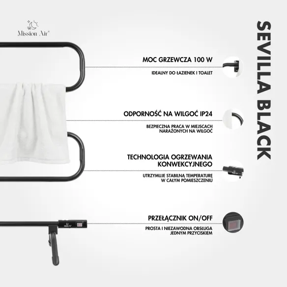 Grzejnik łazienkowy SEVILLA BLACK 100W czarny dane techniczne