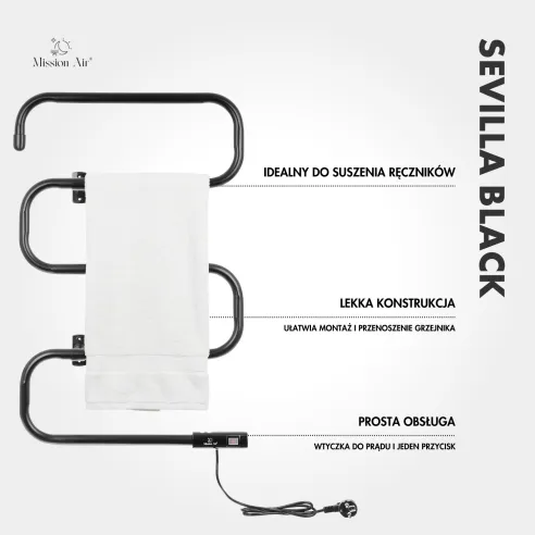 Grzejnik łazienkowy SEVILLA BLACK 100W czarny schemat montażu ściennego