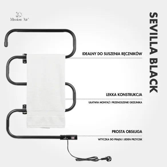 Grzejnik łazienkowy SEVILLA BLACK 100W czarny schemat montażu ściennego