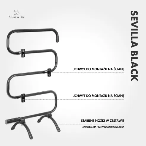 Grzejnik łazienkowy SEVILLA BLACK 100W czarny zestaw montażowy