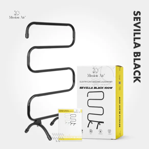 Grzejnik łazienkowy SEVILLA BLACK 100W czarny zestaw z opakowaniem