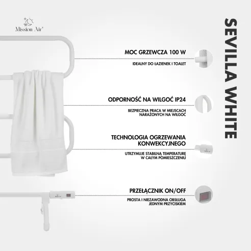 Grzejnik łazienkowy SEVILLA WHITE 100W biały dane techniczne