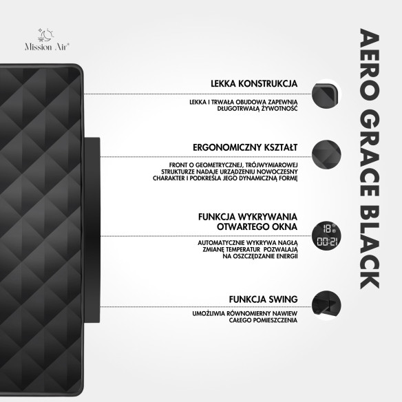 AERO Grace 2000 W PTC Air Curtain | 54 cm, Black