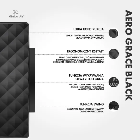 Kurtyna powietrzna AERO Grace 2000W PTC czarna dane techniczne