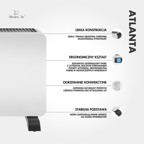 Grzejnik konwektorowy ATLANTA 2300W schemat i informacje techniczne