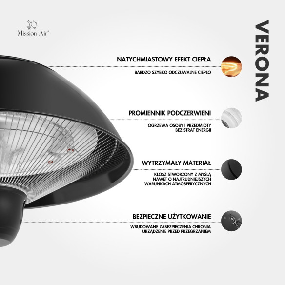 VERONA 1500 W Patio Infrared Heater | Hanging, IP34