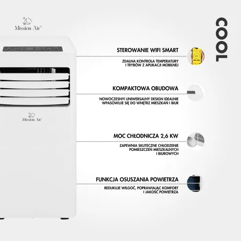 Funkcje klimatyzatora COOL 2,6 kW – infografika