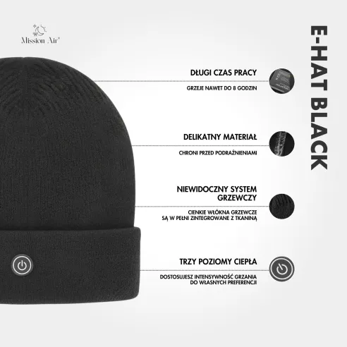 Elektryczna czapka grzewcza E-HAT Black | USB, podgrzewana zimowa