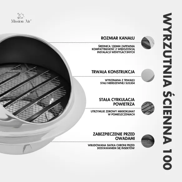 Wyrzutnia ścienna Mission Air 100 mm | Okapnik, kratka zabezpieczająca