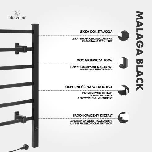 MALAGA BLACK 100 W Bathroom Ladder Heater | Electric, IP24, 2in1