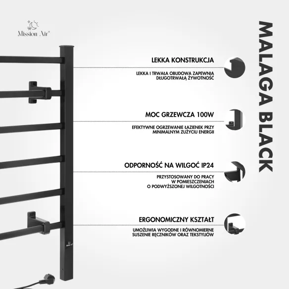 Grzejnik łazienkowy MALAGA BLACK 100 W | Drabinkowy, IP24 2w1