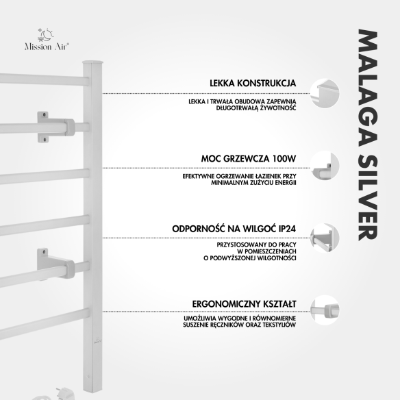 MALAGA SILVER 100 W Bathroom Ladder Heater | Electric, IP24, 2-in-1