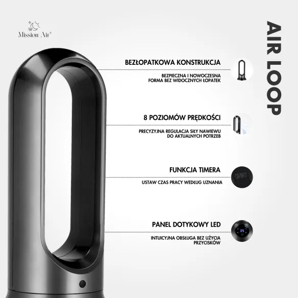 AirLoop Bladeless Fan | HEPA, 8 Speeds, 67 cm, Grey