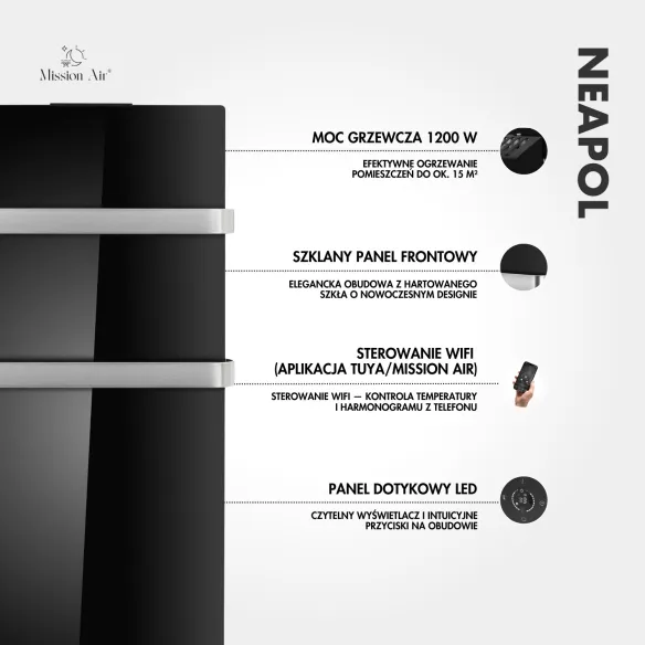 Grzejnik konwektorowy NEAPOL 1200 W | Szklany panel, WiFi, Czarny