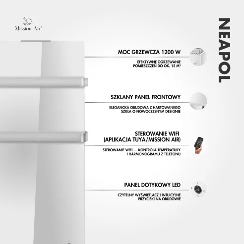 Grzejnik konwektorowy NEAPOL 1200 W | Szklany panel, WiFi, Biały