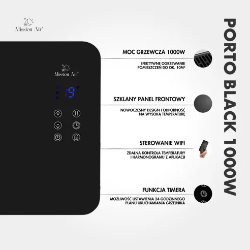 Grzejnik konwektorowy PORTO 1000 W | Elektryczny, Czarny