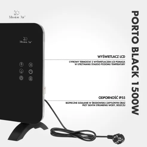 Grzejnik konwektorowy PORTO 1500 W | Elektryczny, Czarny