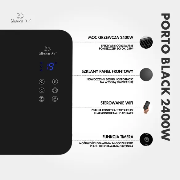 Grzejnik konwektorowy PORTO 2400 W | Elektryczny, Czarny