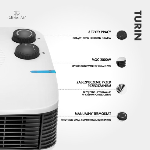 TURIN 2000 W Desk Fan Heater | Compact, White