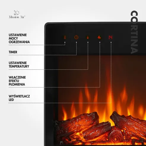 CORTINA 2000 W Electric Fireplace | LED Flames, Thermostat, Timer, Remote Control