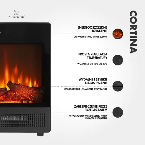 CORTINA 2000 W Electric Fireplace | LED Flames, Thermostat, Timer, Remote Control