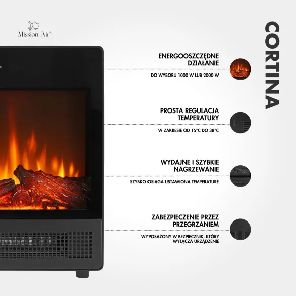 CORTINA 2000 W Electric Fireplace | LED Flames, Thermostat, Timer, Remote Control
