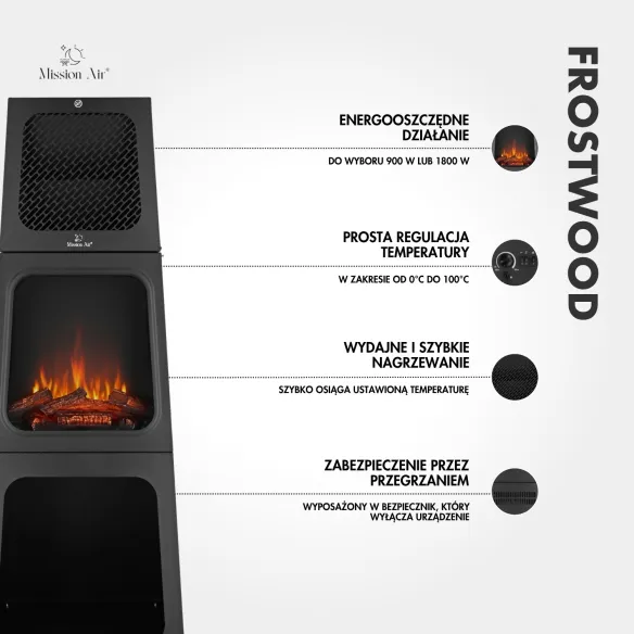 Duży kominek elektryczny FROSTWOOD 1800W Mission Air funkcje i informacje